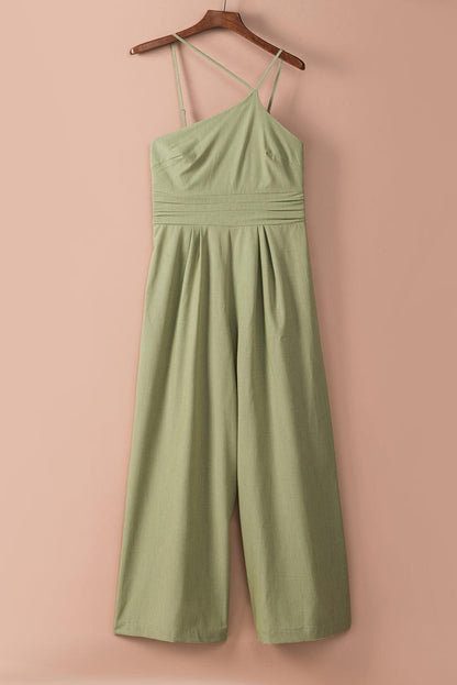 Green Casual Asymmetric Thin Straps Wide Leg Jumpsuit - Vesteeto
