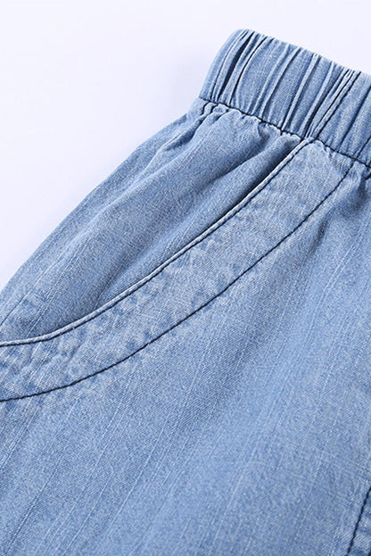 Light Blue Casual Frayed Pocketed Denim Shorts - Vesteeto