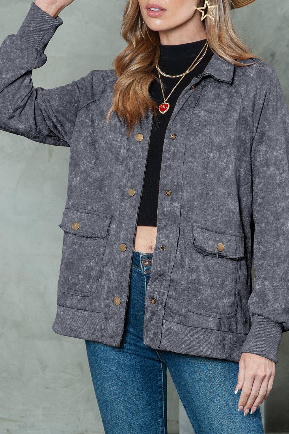 Dark Blue Snap Button Casual Flap Pockets Jacket 