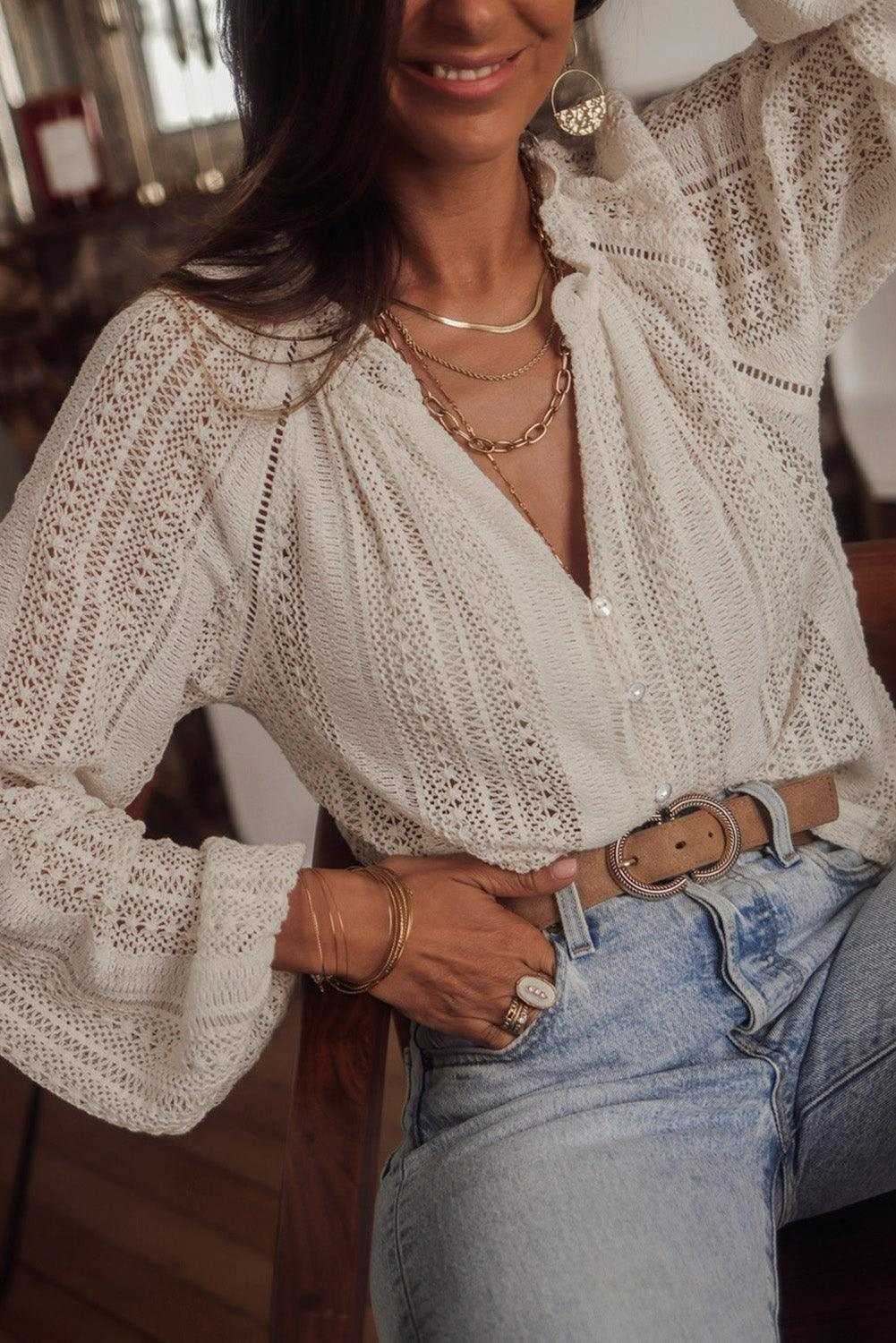 White Notch Neck Button Down Raglan Sleeve Crochet Top 