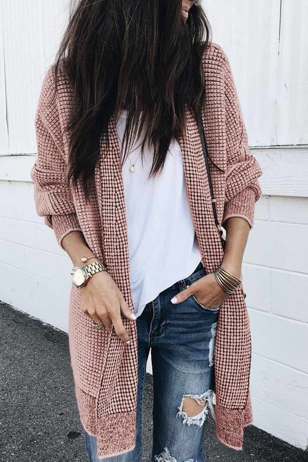 Pink Plaid Contrast Trim Casual Knit Long Cardigan 