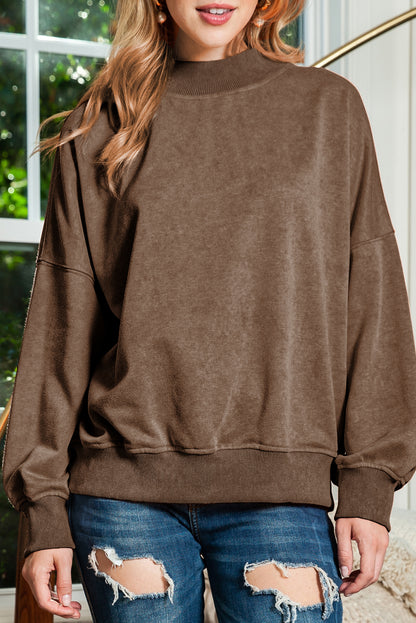 Brown Plain Drop Shoulder Crew Neck Pullover Sweatshirt 