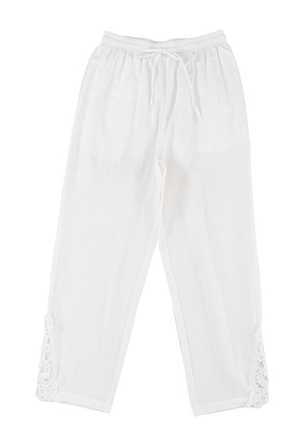 Khaki Lace Splicing Drawstring Linen Pants - Vesteeto