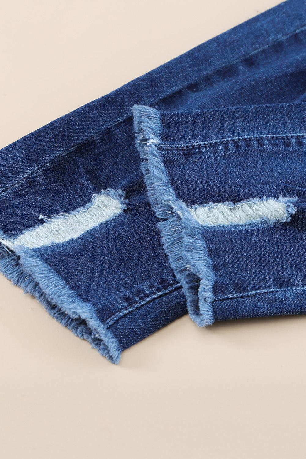 Dark Blue Casual Hole Drawstring Elastic Waist Jeans - Vesteeto