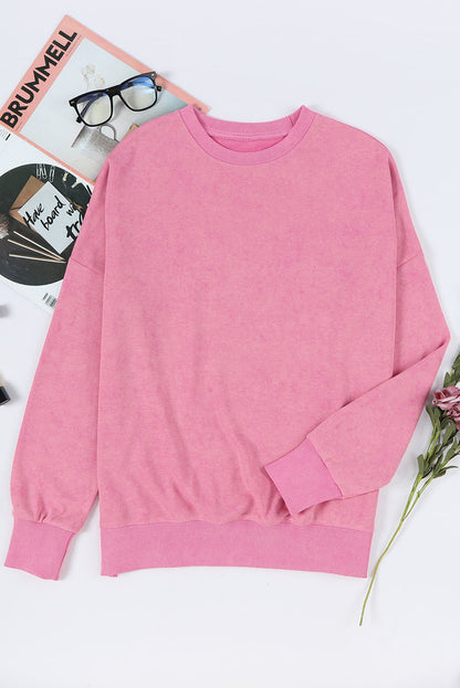 Pink Plain Drop Shoulder Ribbed Trim Oversized Sweatshirt 