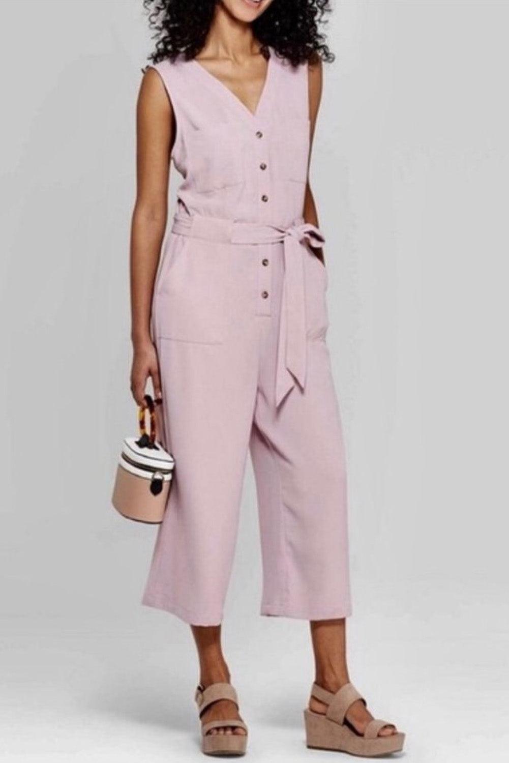 Pink Buttoned Sleeveless Cropped Jumpsuit With Sash - Vesteeto