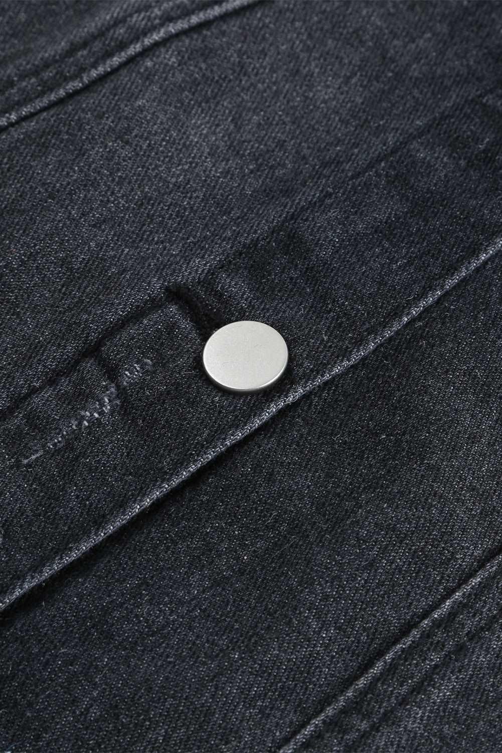 Black Casual Distressed Raw Hem Buttons Denim Jacket - Vesteeto