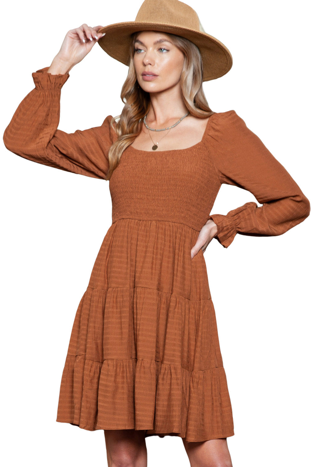 Brown Long Sleeve Smocked Tiered Boho Dress 