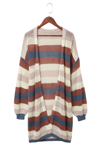 Green Striped Color Block Casual Cutout Knit Cardigan 