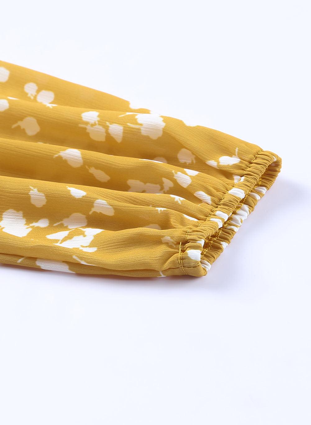 Yellow Frill Split V Neck Boho Crinkled Blouse - Vesteeto