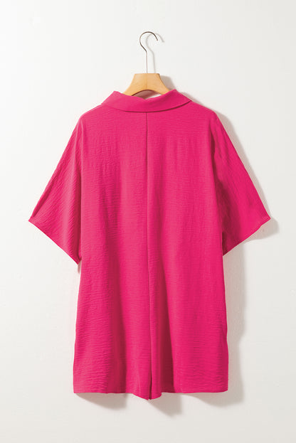 Bright Pink Plain Half Button Collared Pocket Loose Romper 