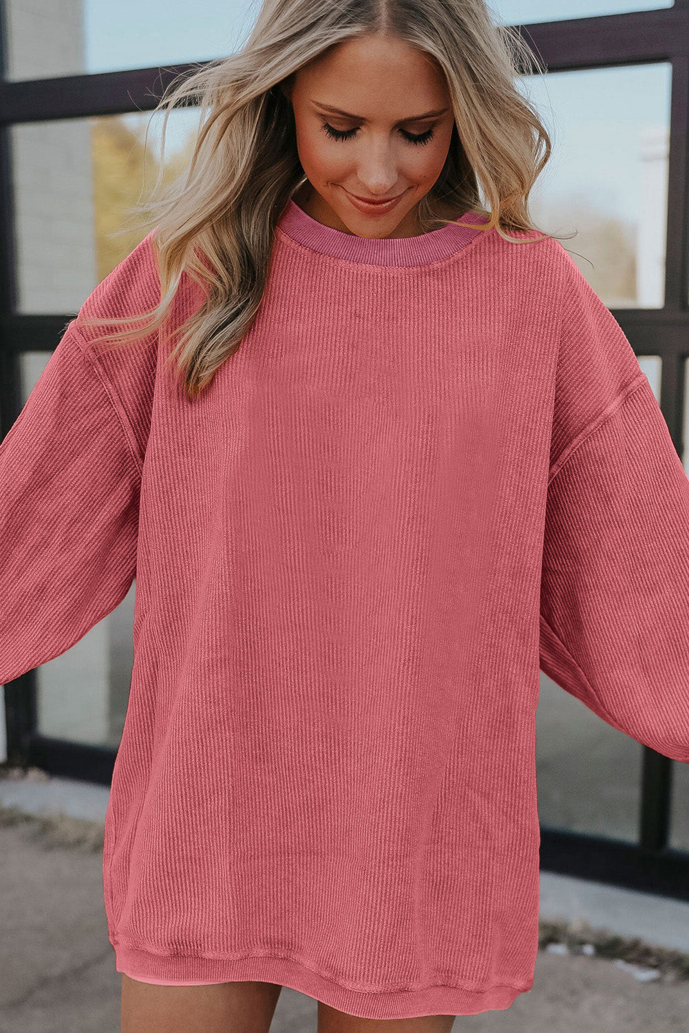 Orange Plain Drop Sleeve Crinkle Rib Oversized Sweatshirt 