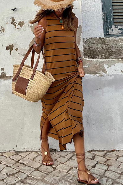 Khaki Striped Backless Casual Side Slits Maxi Dress 