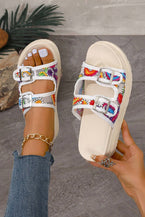 White Cut Out Buckle Strap Thick Sole Slippers
