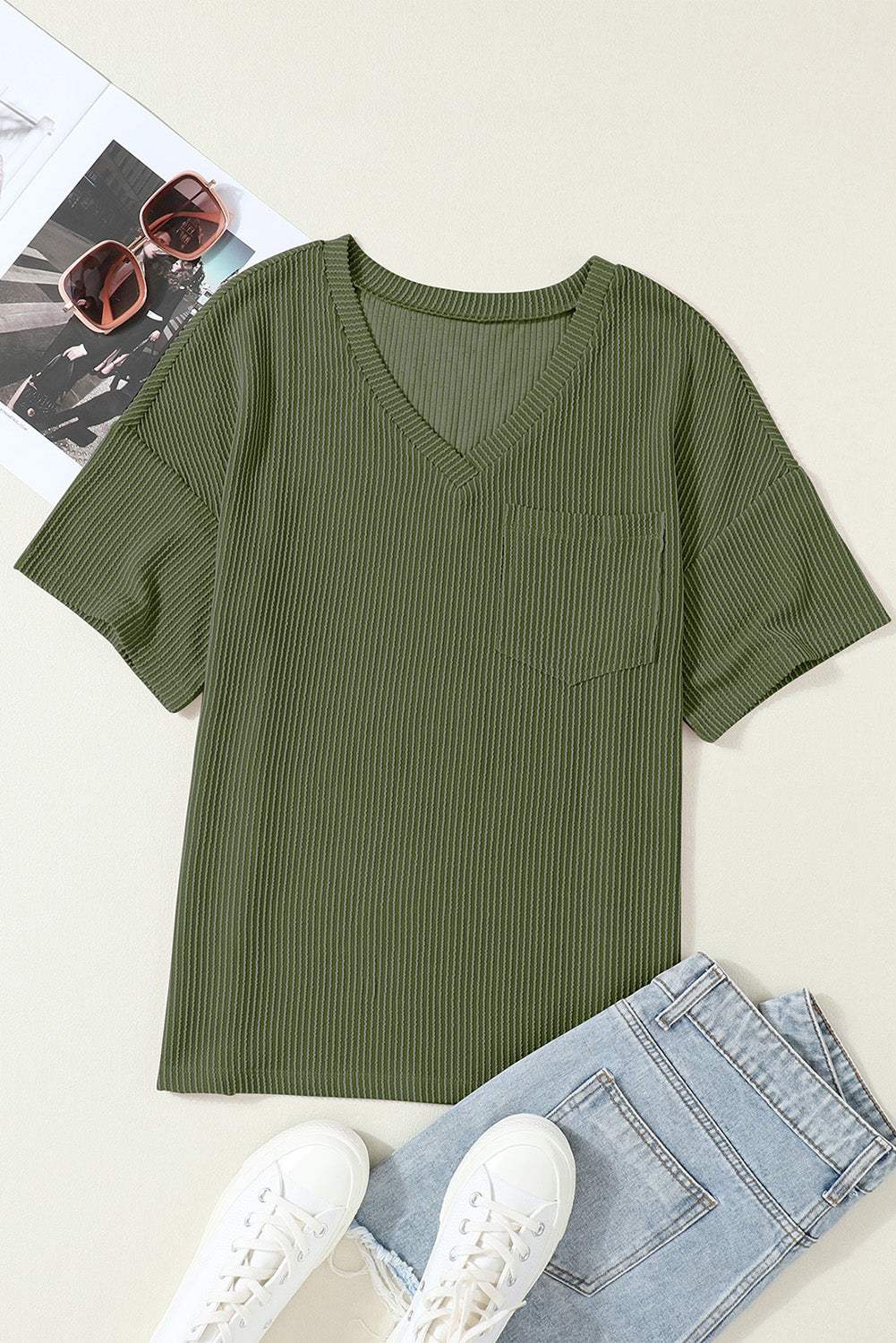 Valerian Ribbed V Neck Pocket Drop Sleeve T-Shirt 