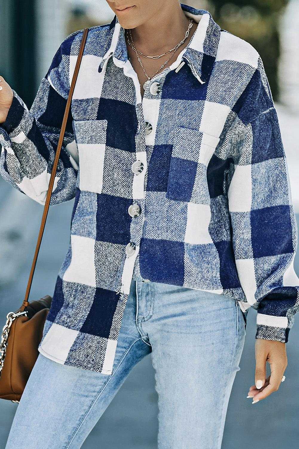 Plaid Color Block Buttoned Pocket Long Sleeve Shacket 