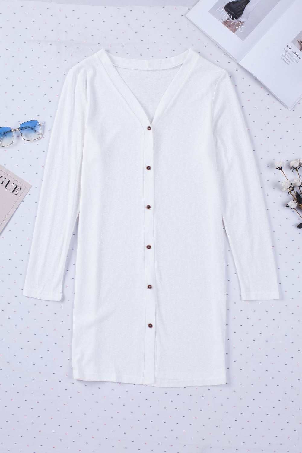 White Solid Button Up V Neck Long Cover Up 