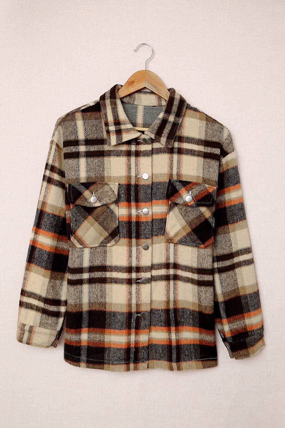 Brown Plaid Button Up Long Sleeve Flannel Shacket 