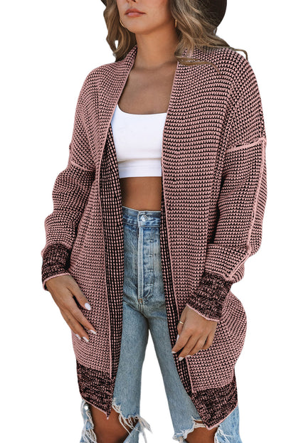 Pink Plaid Contrast Trim Casual Knit Long Cardigan 