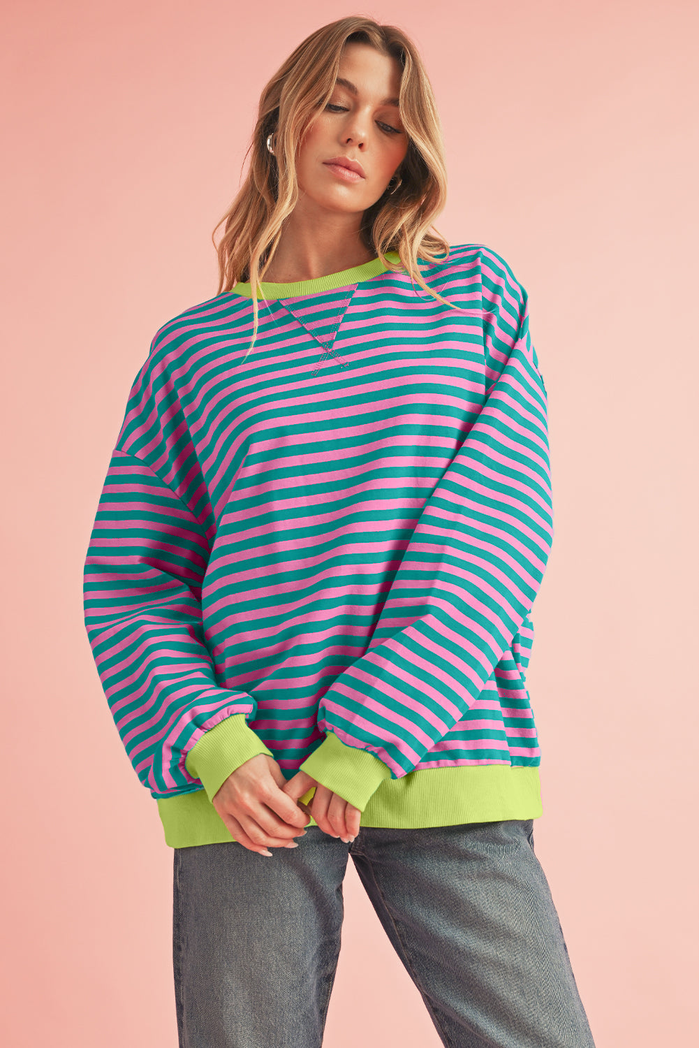 Blue Stripe Contrast Edge Cross Seam Oversized Pullover 