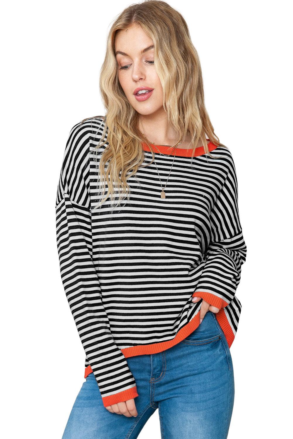 Striped Colorblock Trim Knit Pullover Sweater 