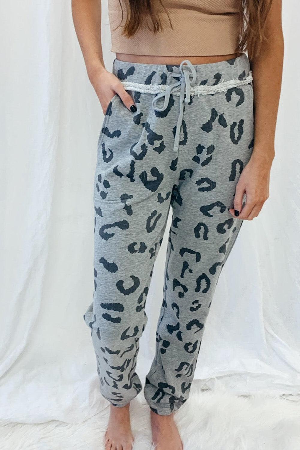 Gray Leopard Print Drawstring High Waist Jogger Pants - Vesteeto