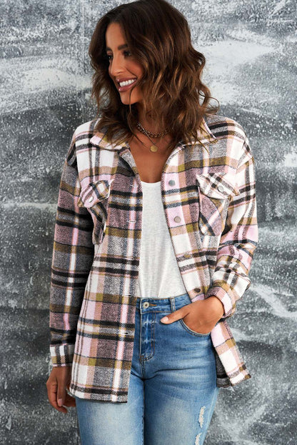 Brown Plaid Button Up Long Sleeve Flannel Shacket 