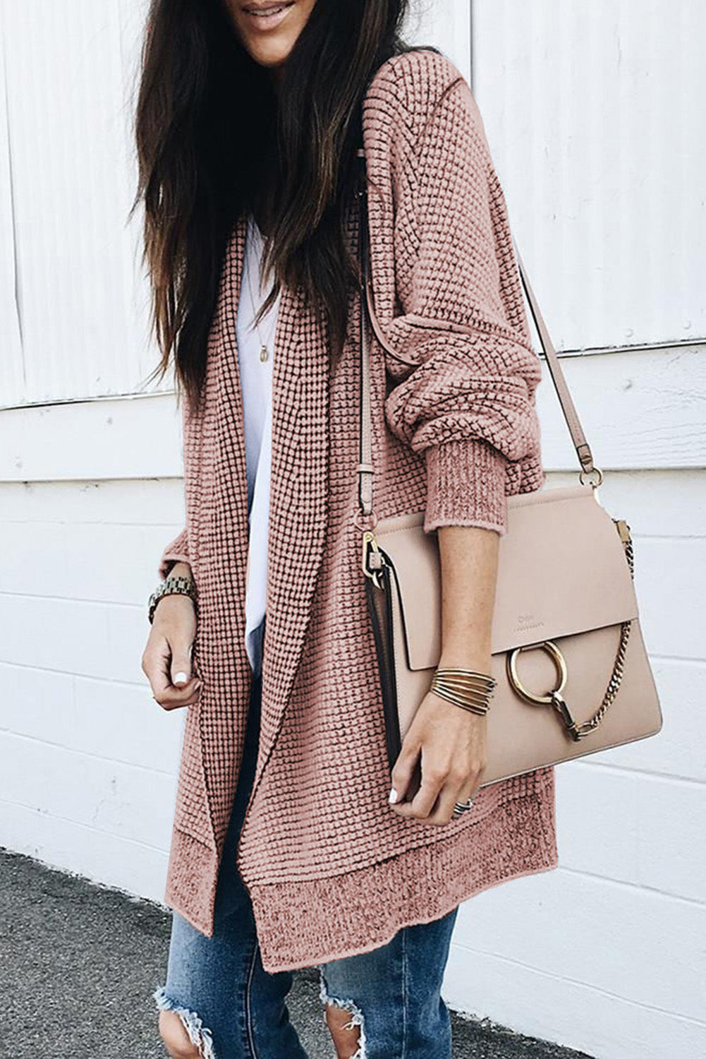 Pink Plaid Contrast Trim Casual Knit Long Cardigan 