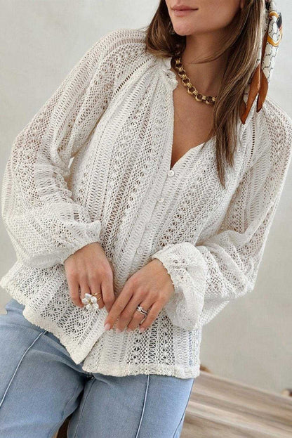 White Notch Neck Button Down Raglan Sleeve Crochet Top 