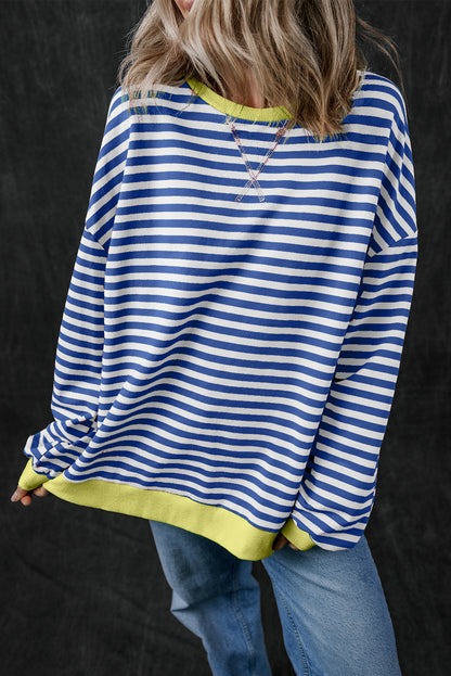 Blue Stripe Contrast Edge Cross Seam Oversized Pullover 