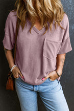 Valerian Ribbed V Neck Pocket Drop Sleeve T-Shirt 