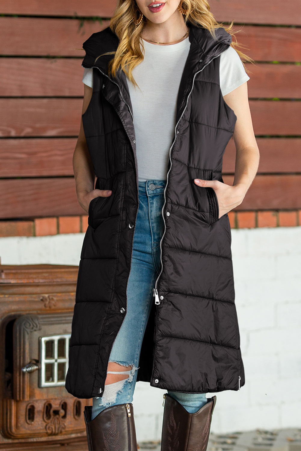 Dark Grey Hooded Pocketed Quilted Long Vest Coat 