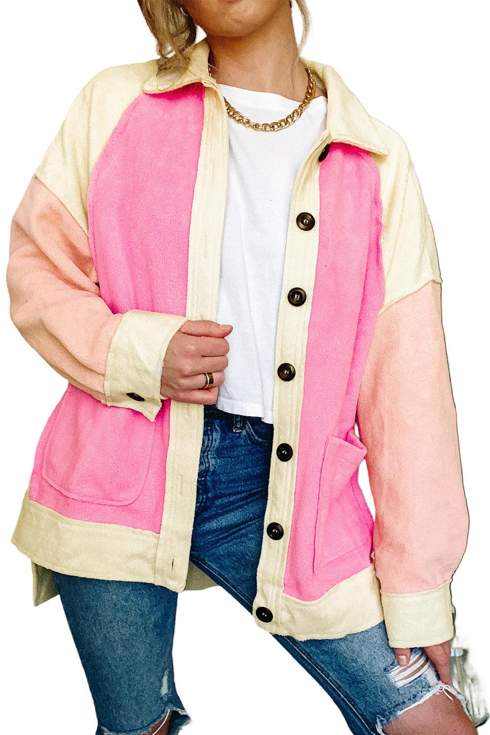 Rose Color Block Patchwork High Low Fleece Shacket - Vesteeto
