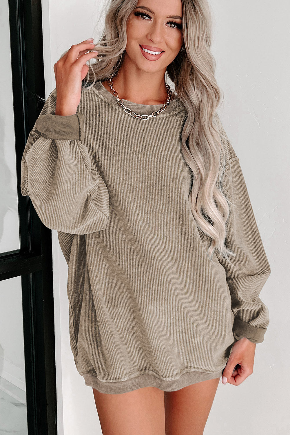 Pink Solid Ribbed Round Neck Pullover Sweatshirt 