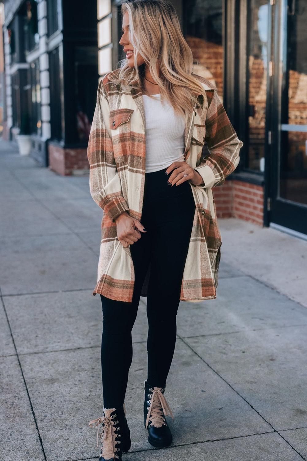 Brown Plaid Casual Button Up Flannel Long Shacket with Flap Pockets - Vesteeto