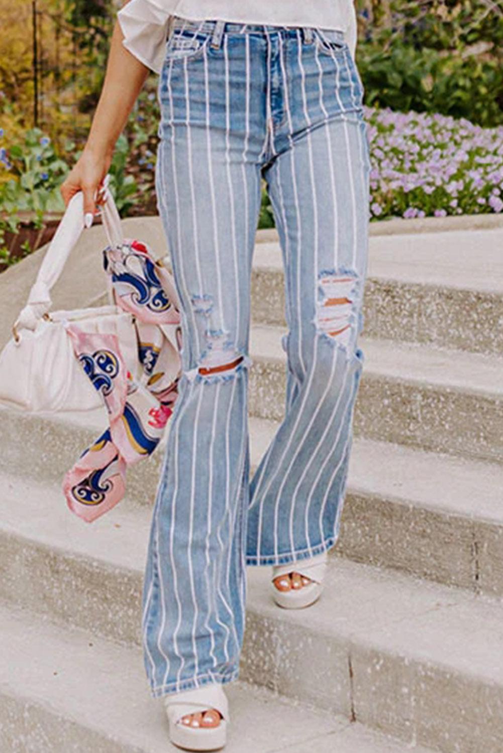 Sky Blue Vertical Striped Ripped Flare Jeans - Vesteeto