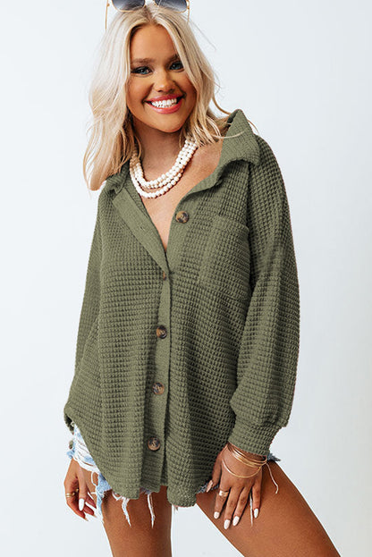 Green Waffle Knit Pocket Button Front Shacket 