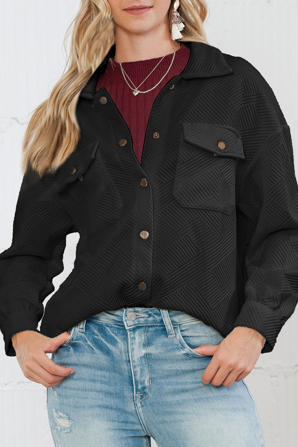 Black Solid Textured Flap Pocket Buttoned Shacket 