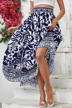 Blue Floral Printed High Waist Maxi Skirt