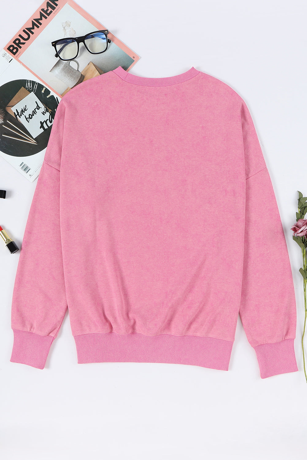 Pink Plain Drop Shoulder Ribbed Trim Oversized Sweatshirt 