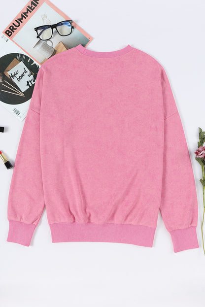 Pink Plain Drop Shoulder Ribbed Trim Oversized Sweatshirt 