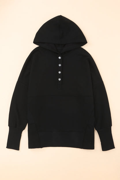 Black Casual Pocketed Batwing Sleeve Henley Hoodie 