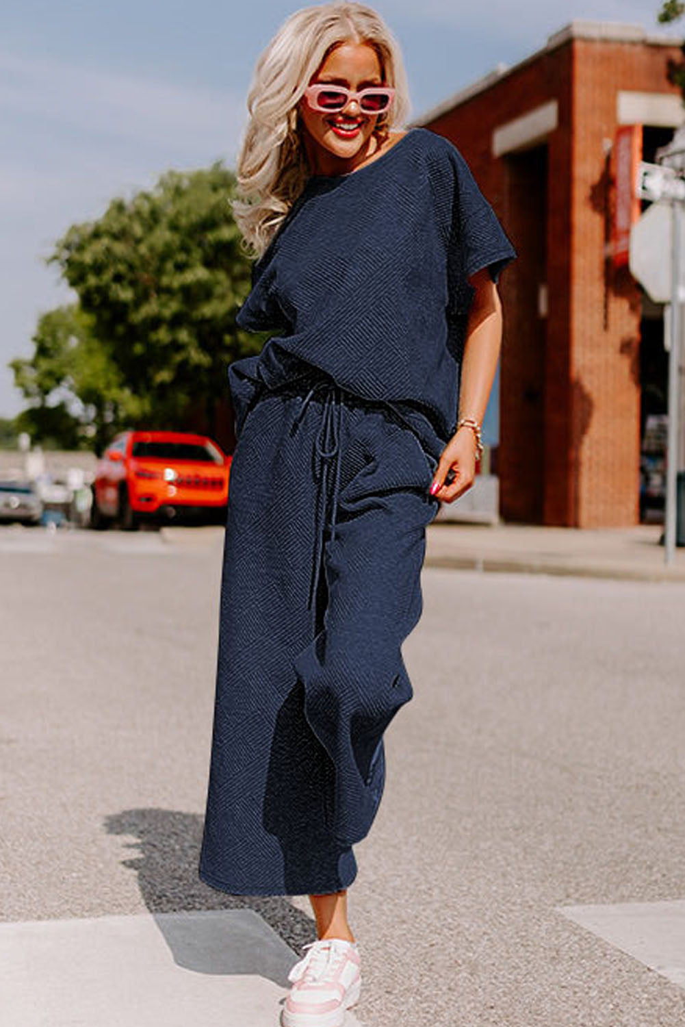 Navy Blue Textured Loose Fit T Shirt and Drawstring Pants Set 