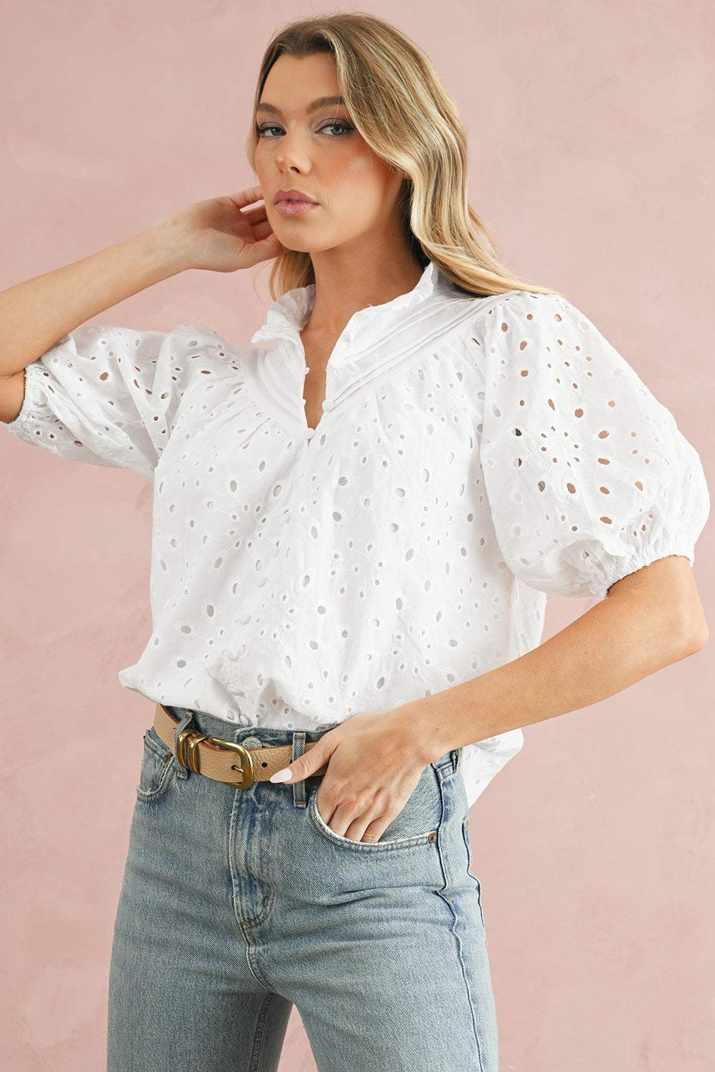 Green Flower Hollow-out Short Puff Sleeve Blouse 