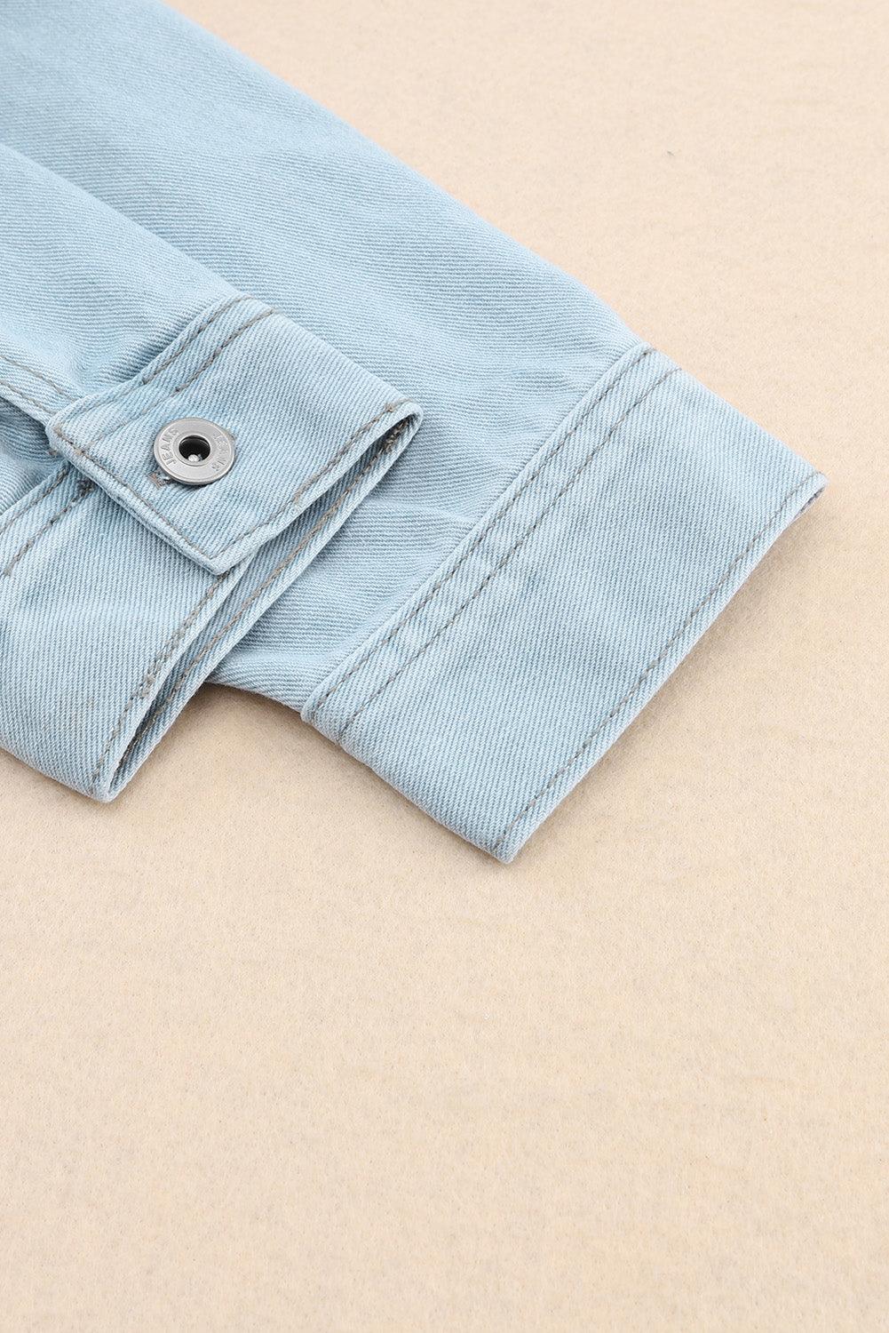 Light Blue Flap Pocket Buttoned Raw Hem Denim Shacket - Vesteeto