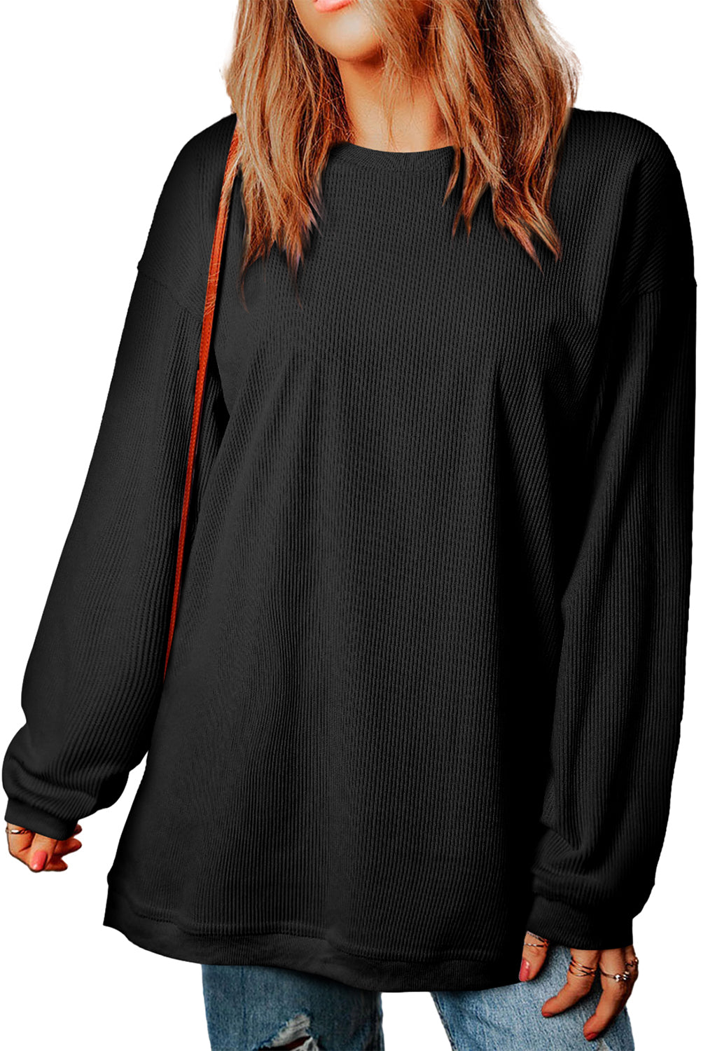 Orange Plain Drop Sleeve Crinkle Rib Oversized Sweatshirt 