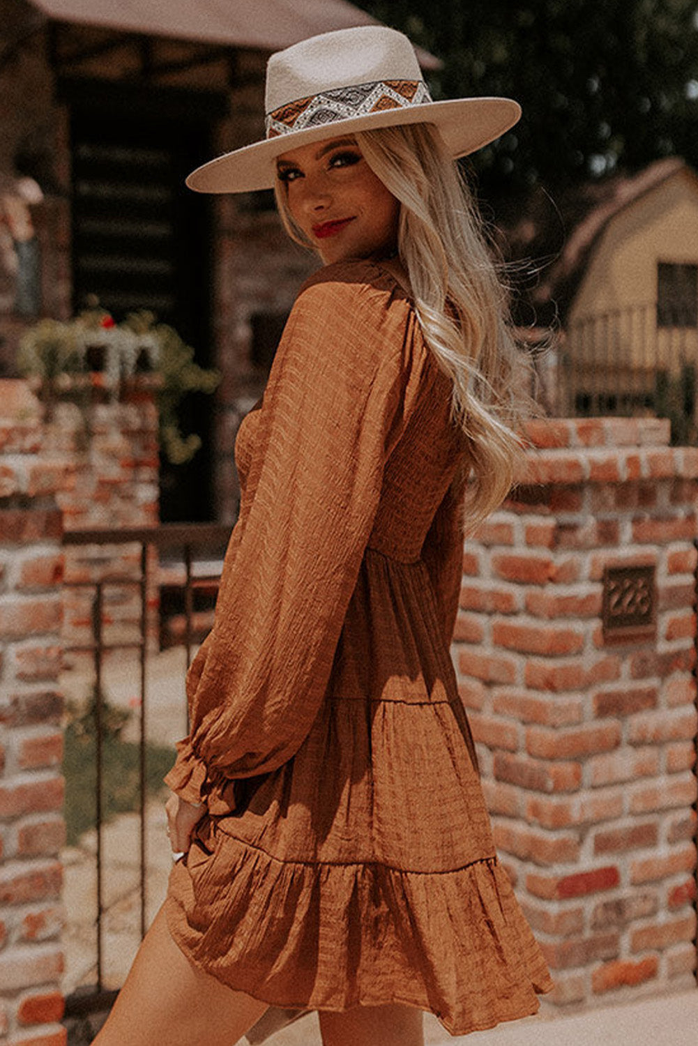 Brown Long Sleeve Smocked Tiered Boho Dress 