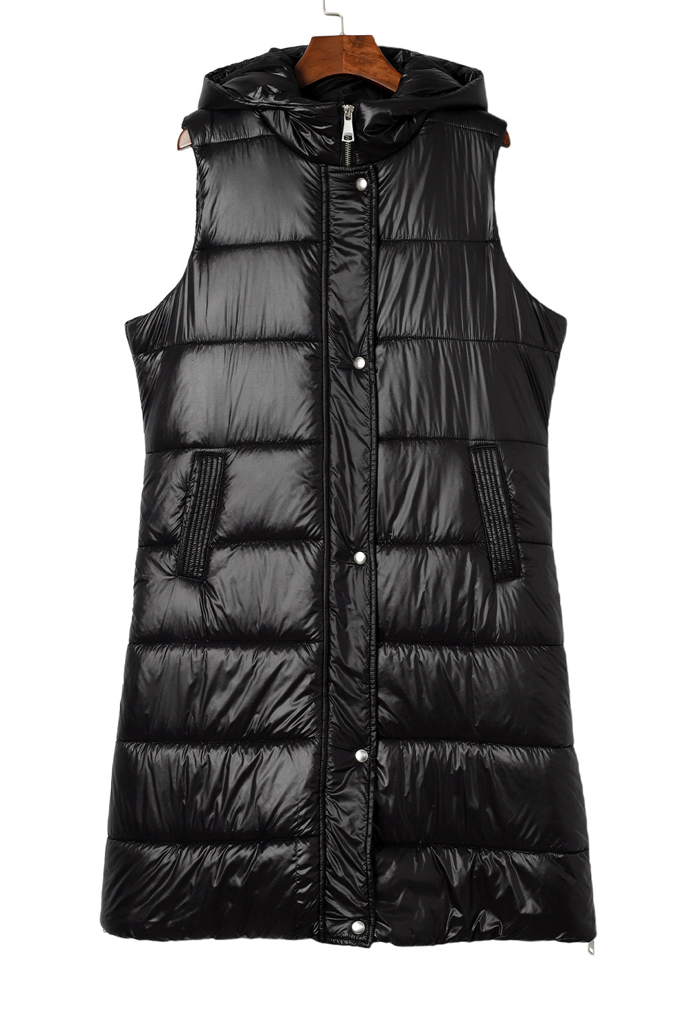 Dark Grey Hooded Pocketed Quilted Long Vest Coat 