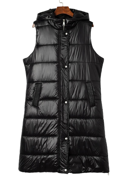 Dark Grey Hooded Pocketed Quilted Long Vest Coat 