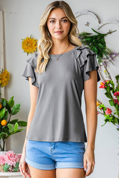 Black Basic Tiered Ruffle Casual Round Neck T Shirt 